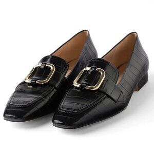 ZARA Croc Embossed Loafers Buckle Black 39 US 8 Square Toe Slip On Animal Print